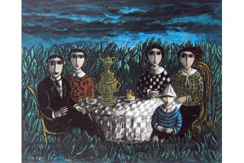 Yosl Bergner Family Having Tea